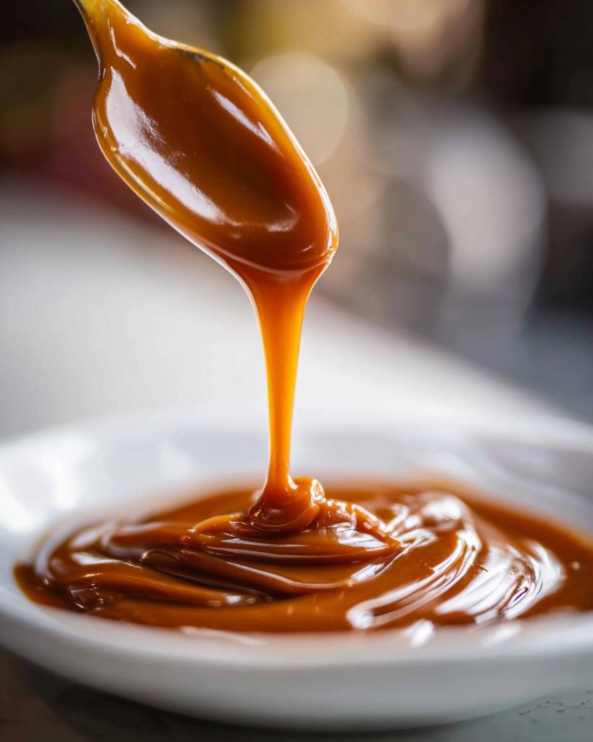 A close-up shot of thick, glossy caramel sauce being drizzled from a spoon into a small white bowl.