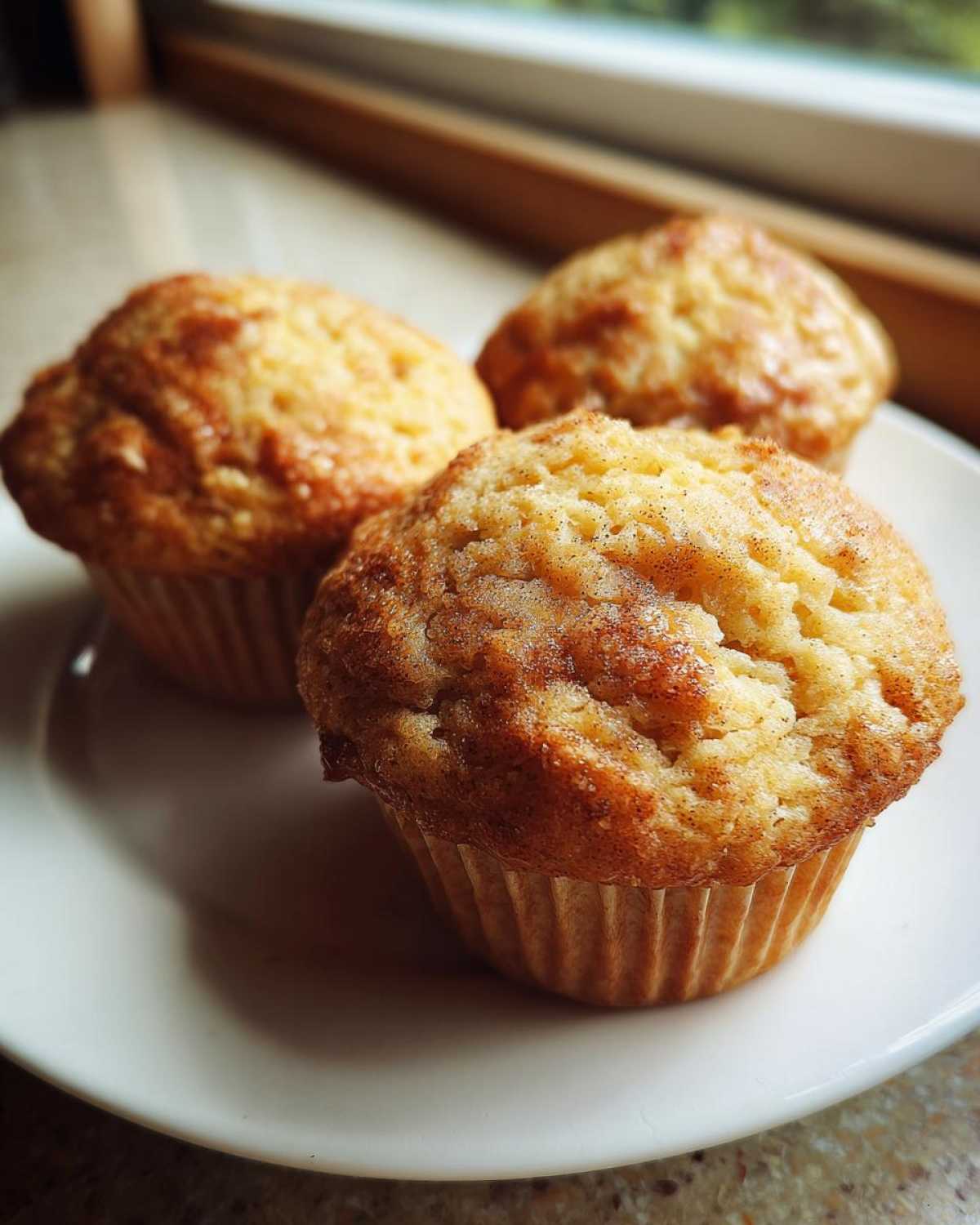 Close-up of three freshly baked apple muffins with cinnamon topping resting on a white plate.