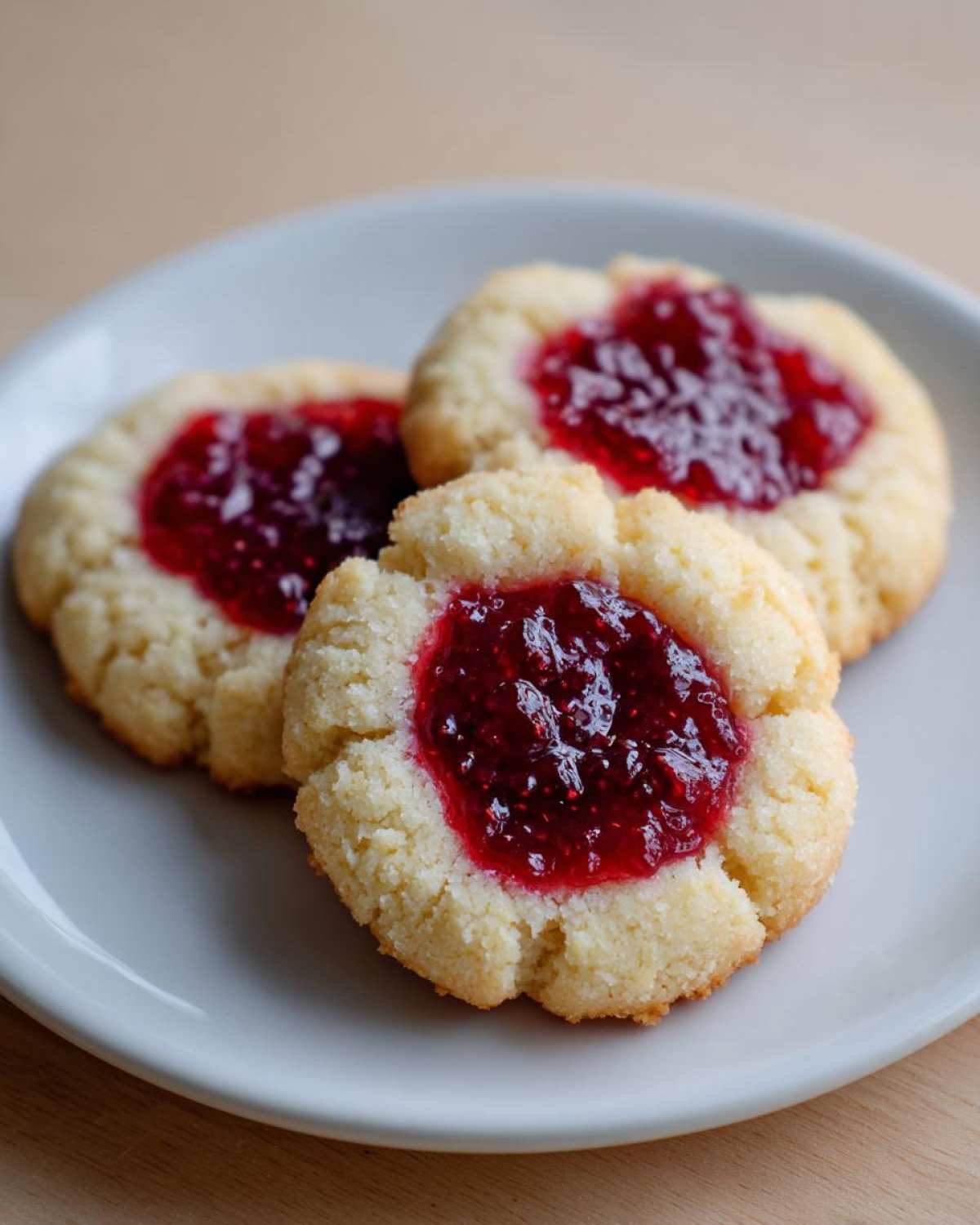 Close-up of three buttery raspberry thumbprint cookies with bright red jam centers resting on a white plate.