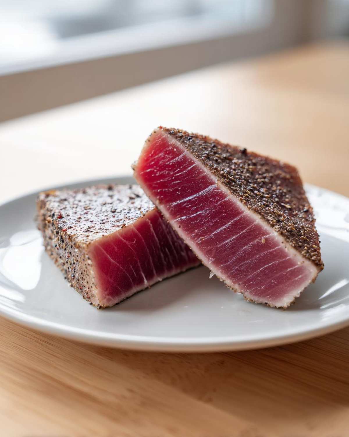 Two thick slices of perfectly seared tuna steaks cast iron skillet preparation, showing a deep red, rare center.