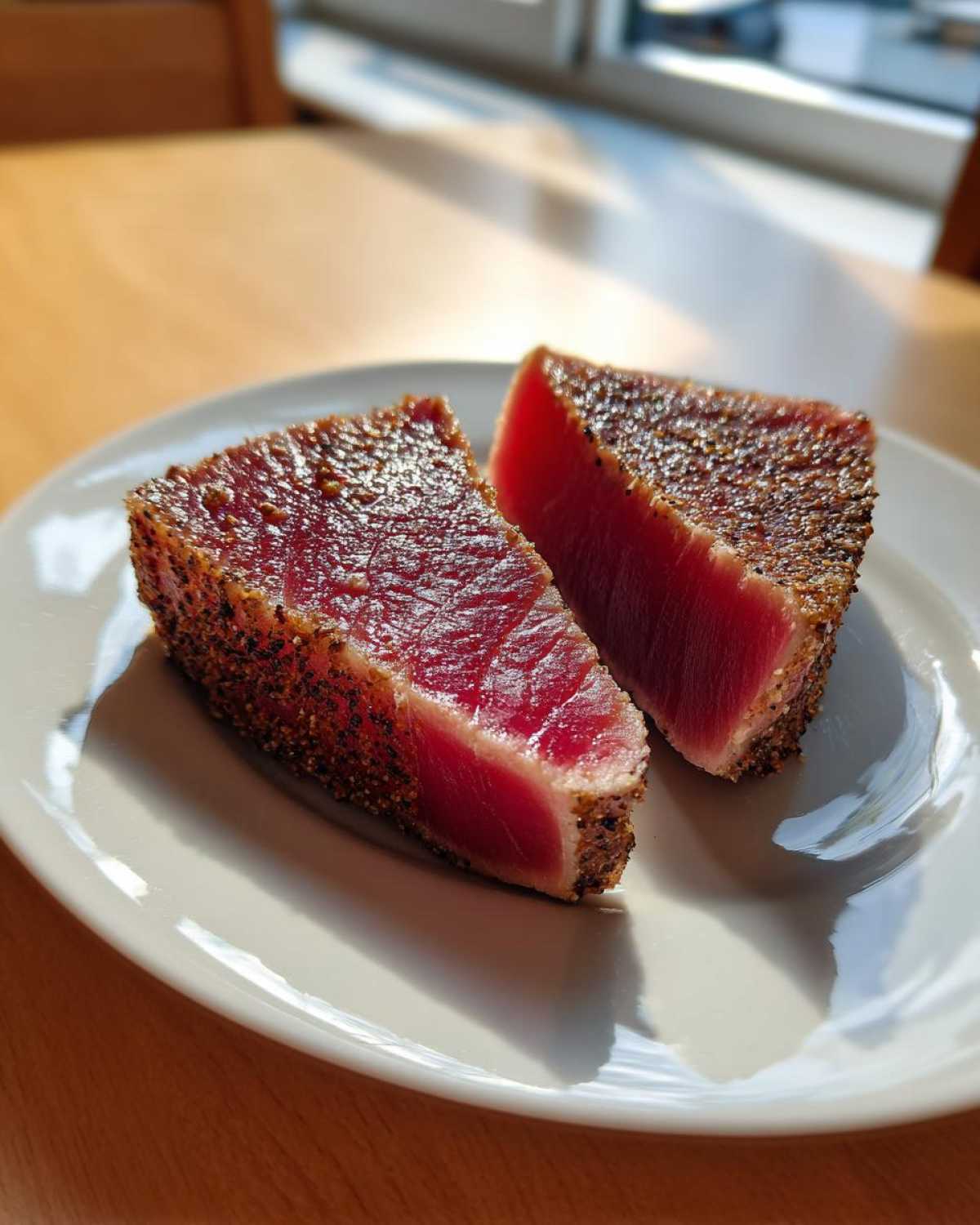 Two perfectly seared tuna steaks, sliced to show a rare, deep red interior, resting on a white plate.