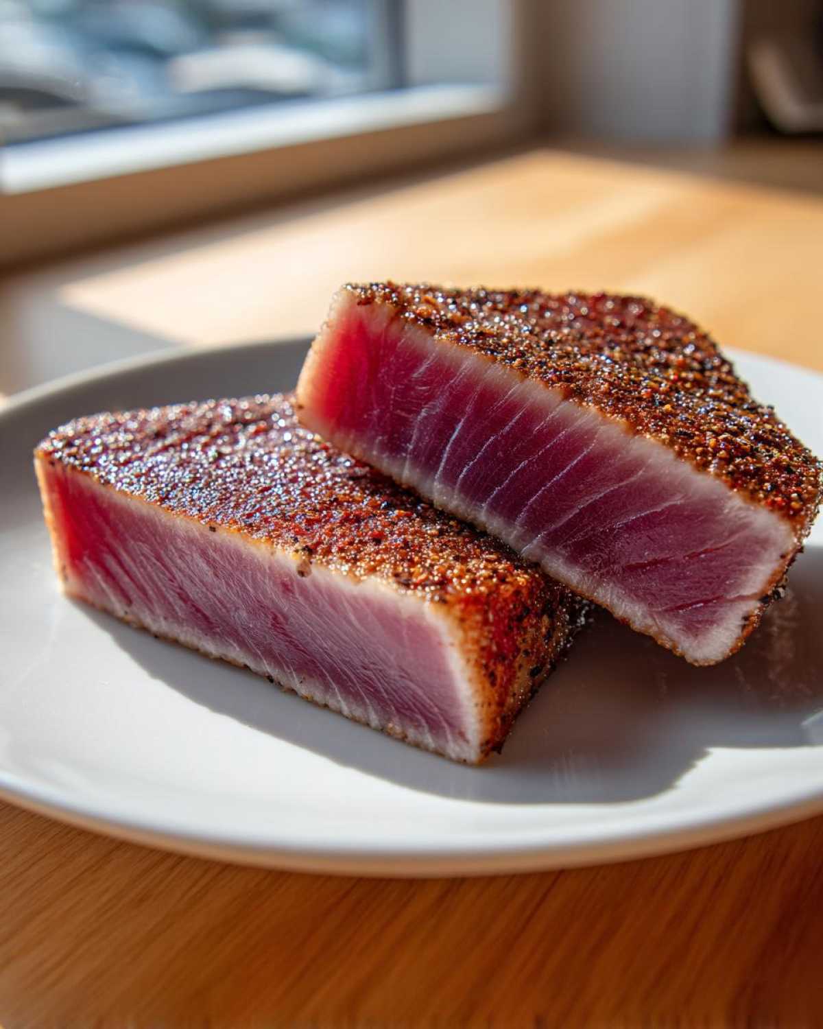 Two perfectly seared tuna steaks cast iron skillet style, showing a deep red, rare center and a dark, spiced crust.