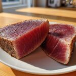 Two thick, rare tuna steaks with a pepper crust resting on a white plate, ready for a cast iron skillet sear.