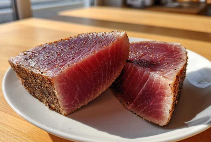 Two thick, rare tuna steaks with a pepper crust resting on a white plate, ready for a cast iron skillet sear.