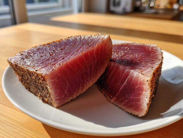 Two thick, rare tuna steaks with a pepper crust resting on a white plate, ready for a cast iron skillet sear.