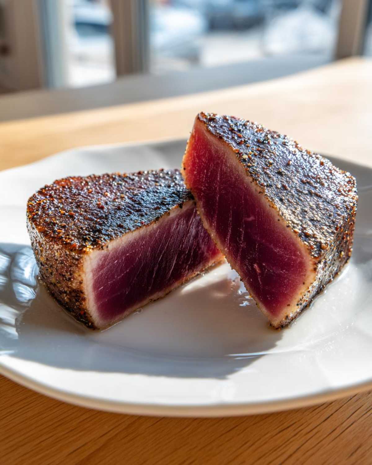 Two perfectly seared tuna steaks cast iron skillet cooked, showing a deep red, rare center and a dark pepper crust.