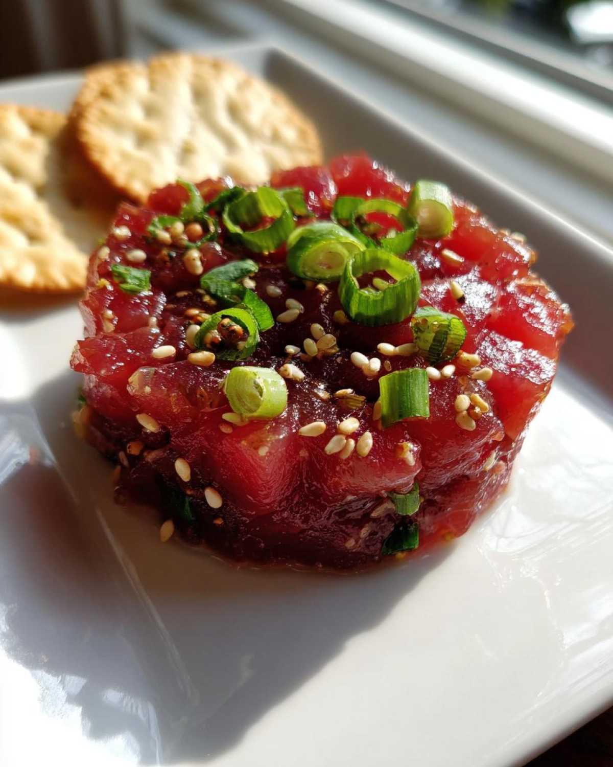 A molded serving of vibrant red Tuna Tartare Recipe topped with sesame seeds and green onions, next to crackers.