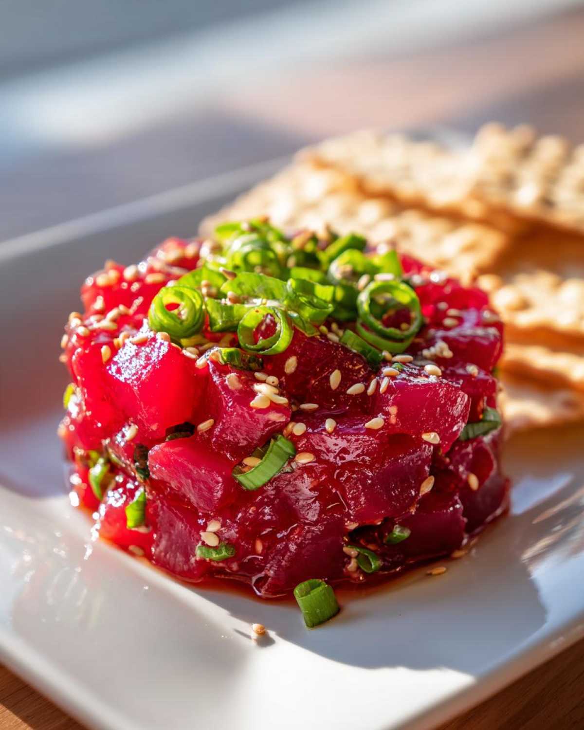 Close-up of a molded serving of vibrant red Tuna Tartare Recipe, garnished with sesame seeds and green onions, next to crackers.