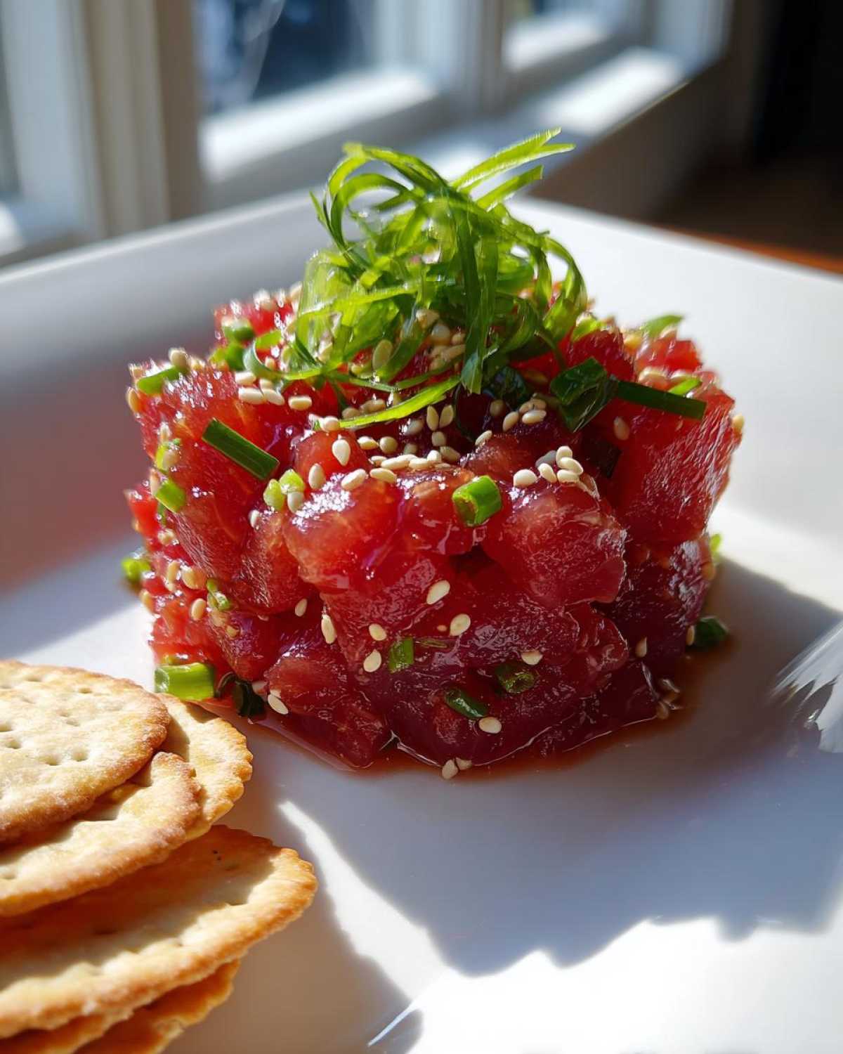 A molded serving of vibrant red Tuna Tartare Recipe garnished with sesame seeds and green onions, next to crackers.