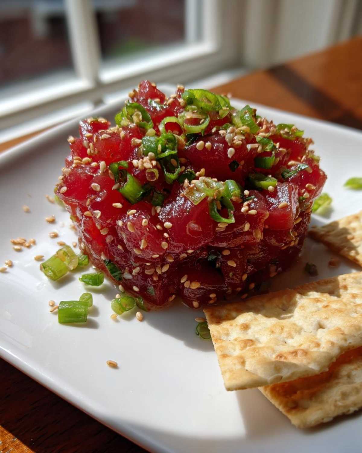A molded serving of bright red Tuna Tartare Recipe topped with sesame seeds and green onions, served with crackers.