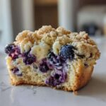 Close-up of a cross-section of ultimate blueberry muffin cookies showing juicy blueberries and crunchy streusel topping.