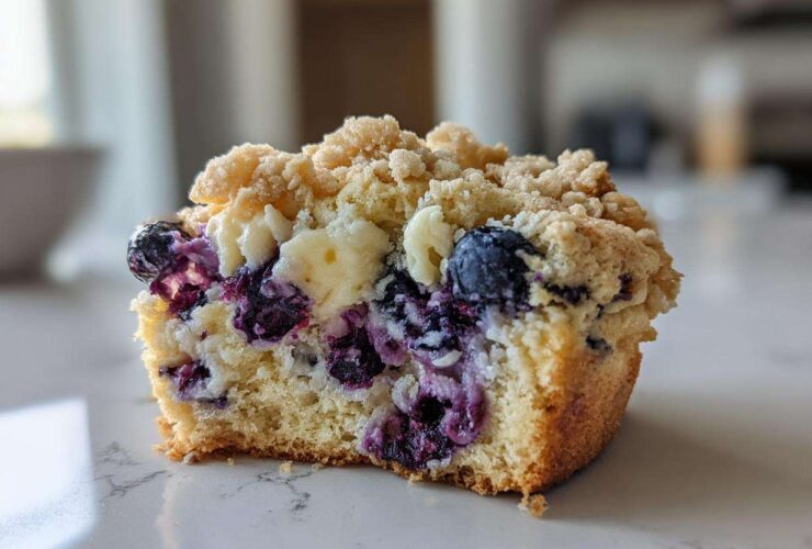 Close-up of a cross-section of ultimate blueberry muffin cookies showing juicy blueberries and crunchy streusel topping.