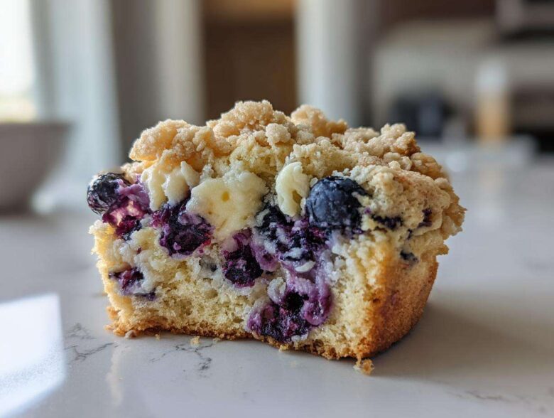 Close-up of a cross-section of ultimate blueberry muffin cookies showing juicy blueberries and crunchy streusel topping.