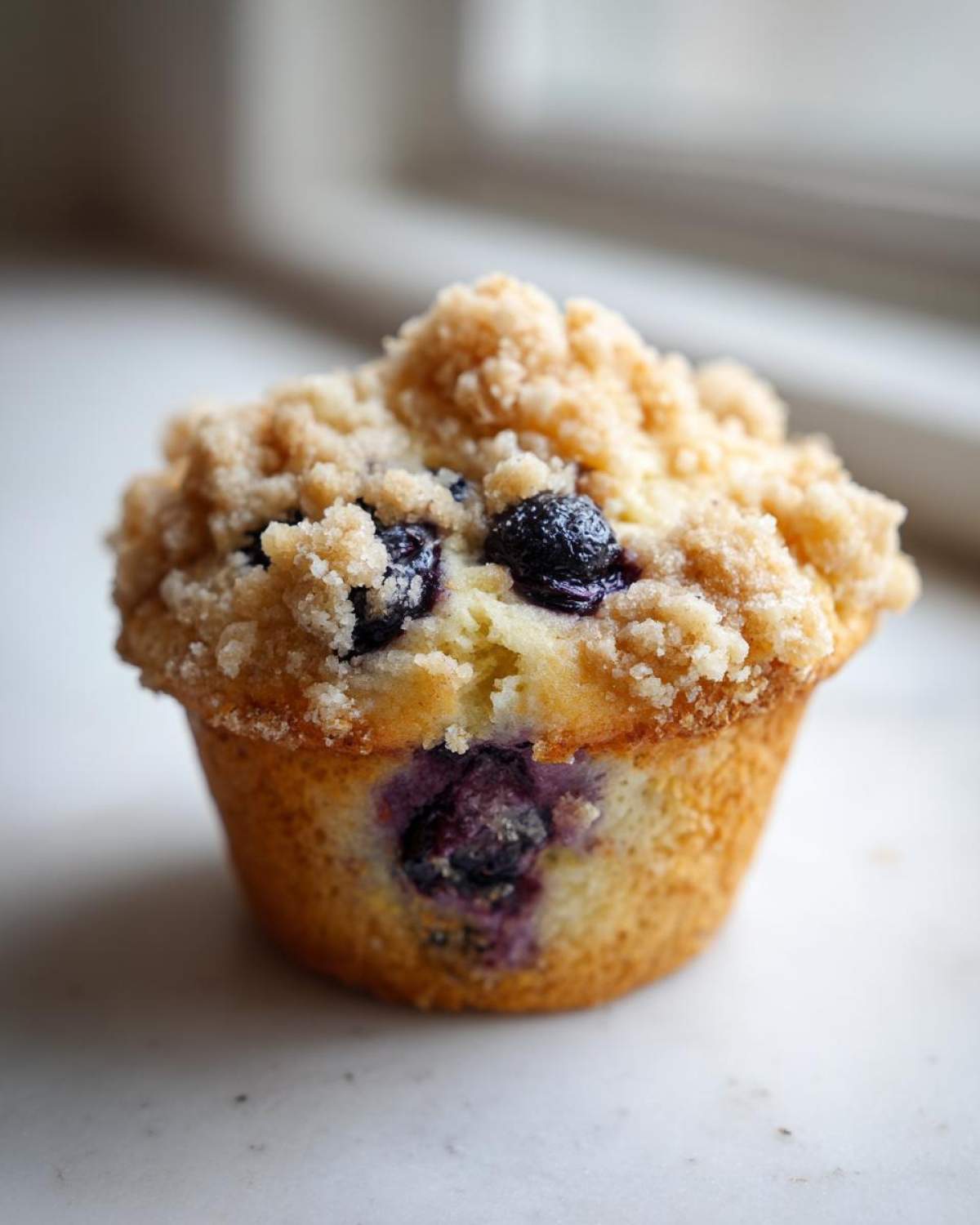 A close-up of an ultimate blueberry muffin cookie topped with a generous layer of crunchy streusel topping.