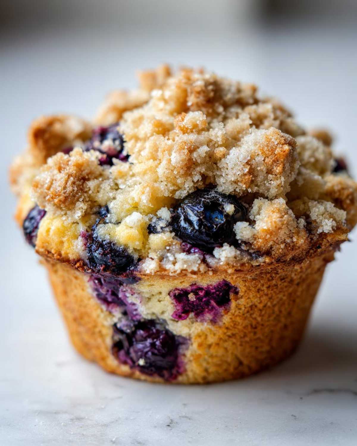 Close-up of one ultimate blueberry muffin cookie featuring a golden crumb topping and visible juicy blueberries.