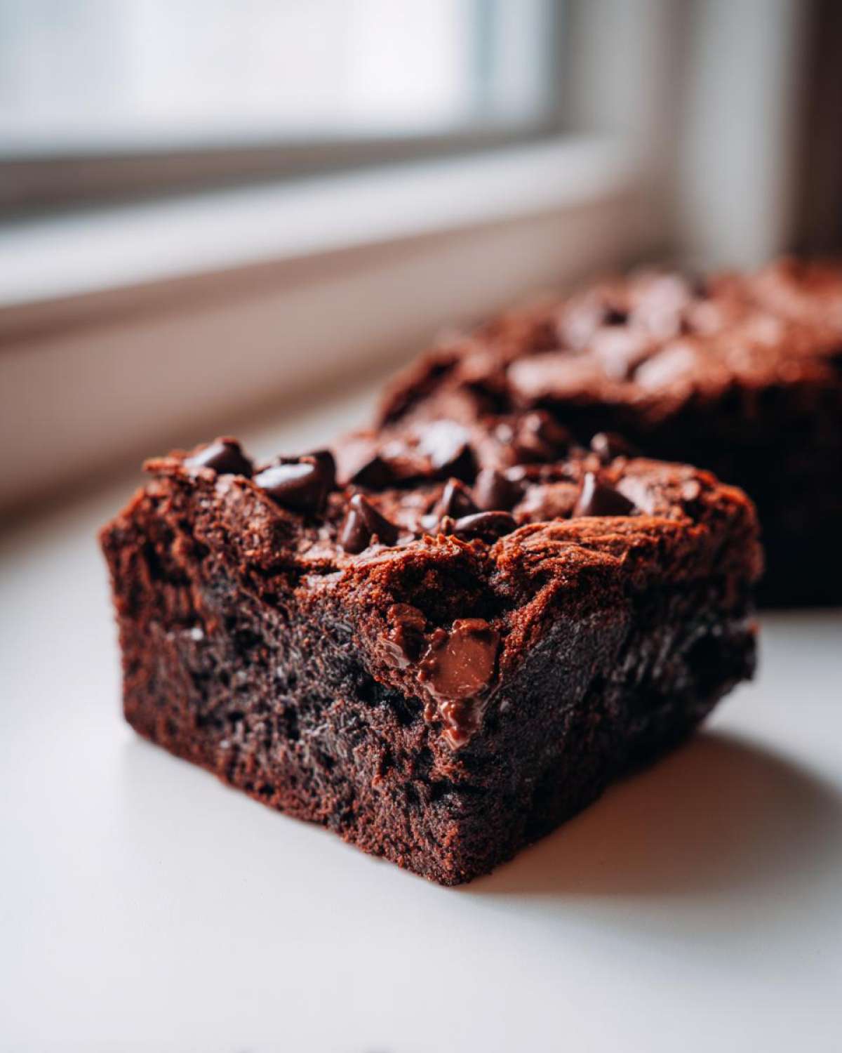 A close-up shot of a rich, dark Ultimate Fudgy Zucchini Brownies square topped with melted chocolate chips.