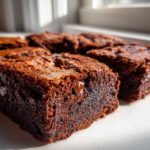 Close-up of several squares of Ultimate Fudgy Zucchini Brownies showing a rich, dark interior and melted chocolate chips.
