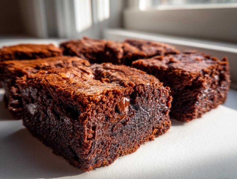Close-up of several squares of Ultimate Fudgy Zucchini Brownies showing a rich, dark interior and melted chocolate chips.