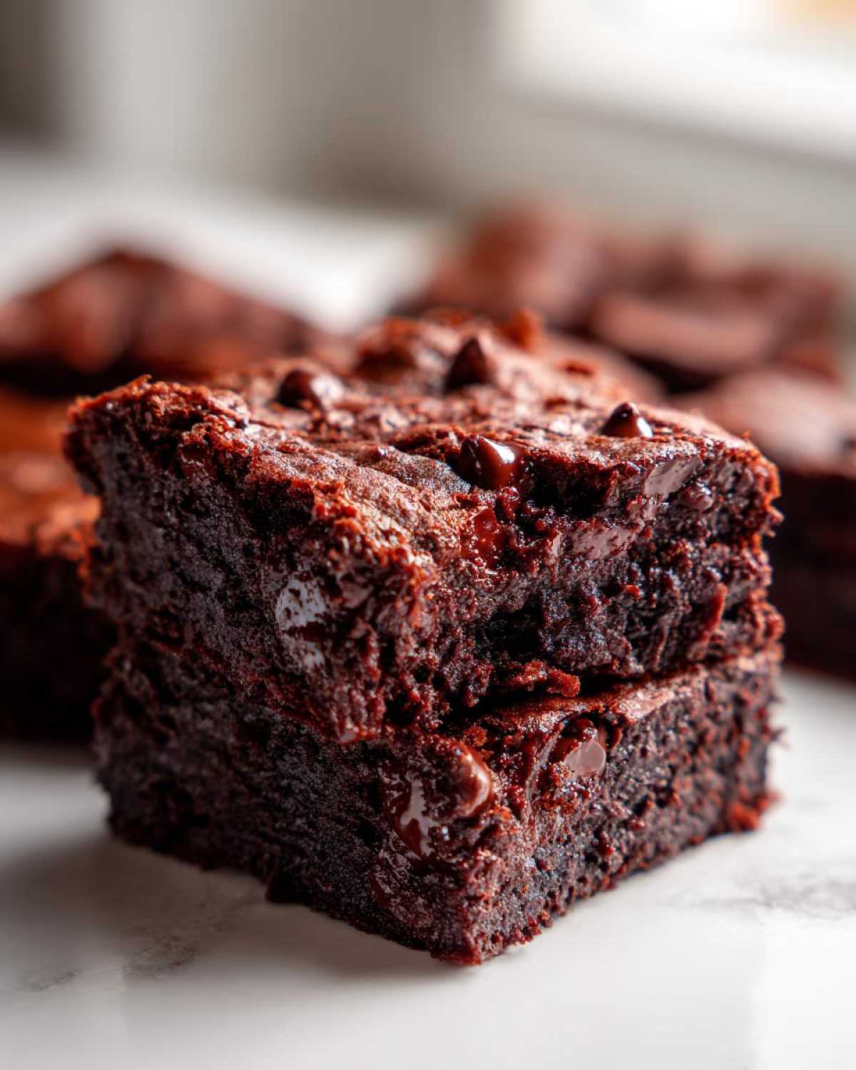 Close-up of two stacked Ultimate Fudgy Zucchini Brownies, rich dark chocolate color with melted chocolate chips.