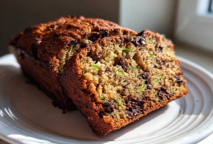 A close-up of a sliced loaf of Ultimate Moist Chocolate Chip Zucchini Bread on a white plate.