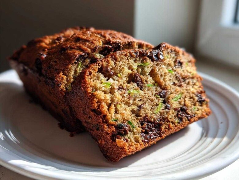 A close-up of a sliced loaf of Ultimate Moist Chocolate Chip Zucchini Bread on a white plate.