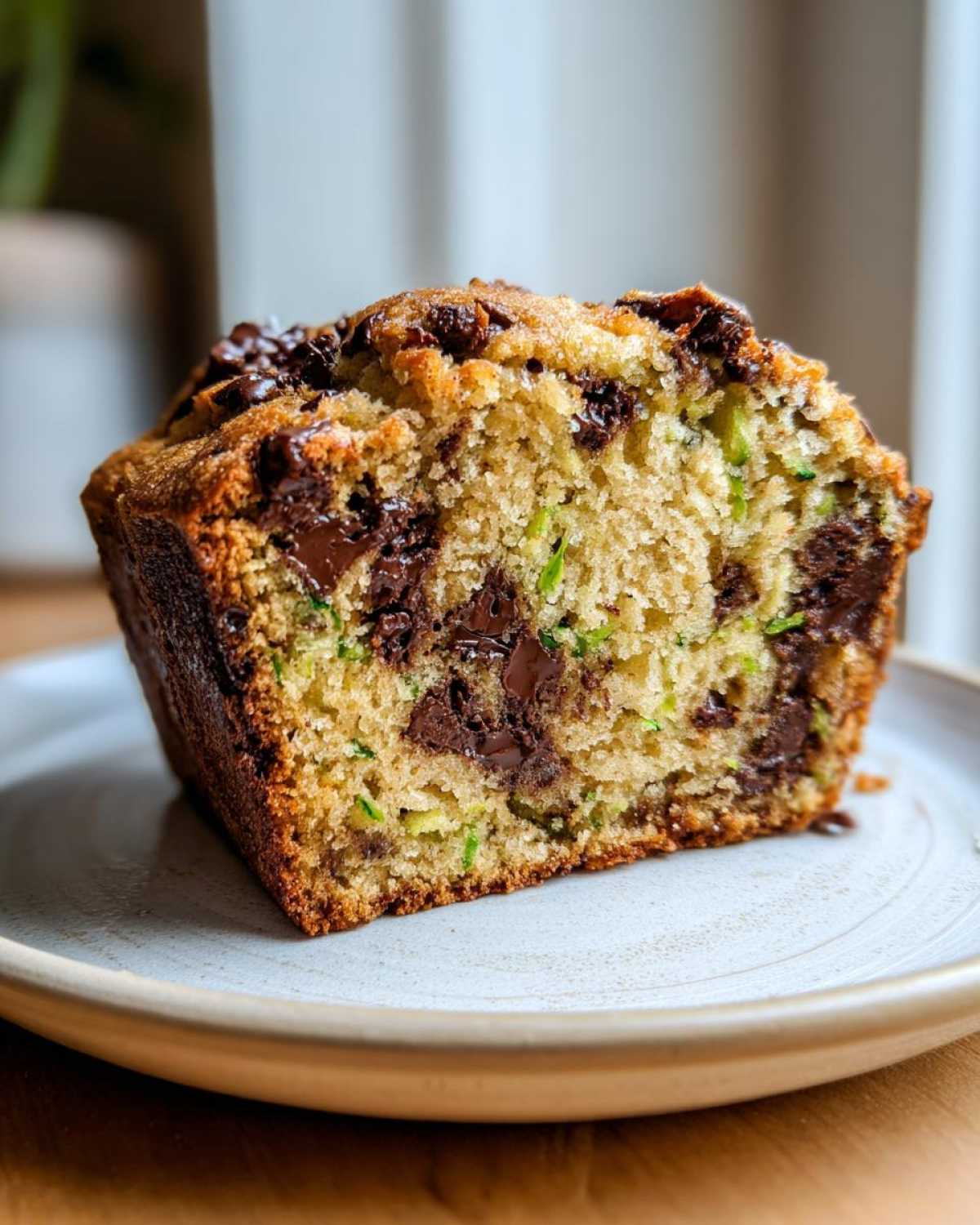 A close-up cross-section of Ultimate Moist Chocolate Chip Zucchini Bread showing tender crumb, shredded zucchini, and melted chocolate chunks.