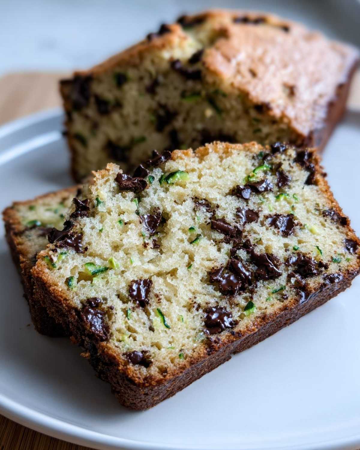Close-up of two slices of Ultimate Moist Chocolate Chip Zucchini Bread showing moist crumb and melted chocolate chips.