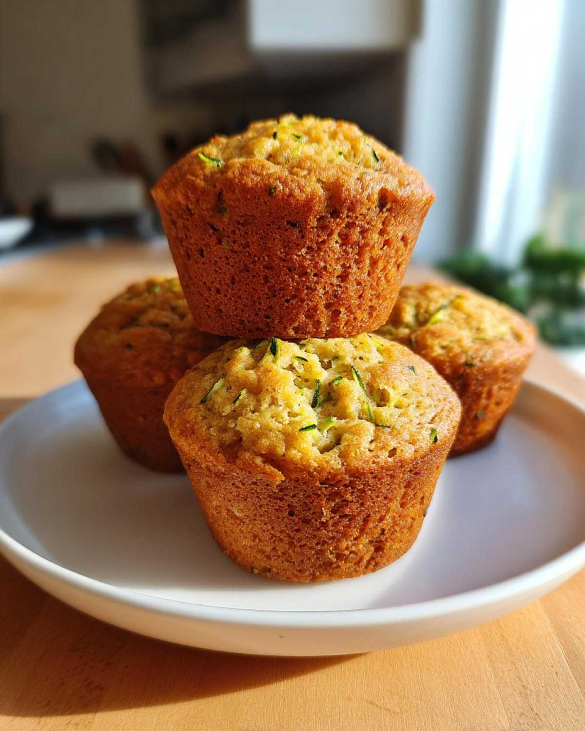 A stack of four golden-brown Ultimate Moist Zucchini Muffins with visible green shreds of zucchini, resting on a white plate.