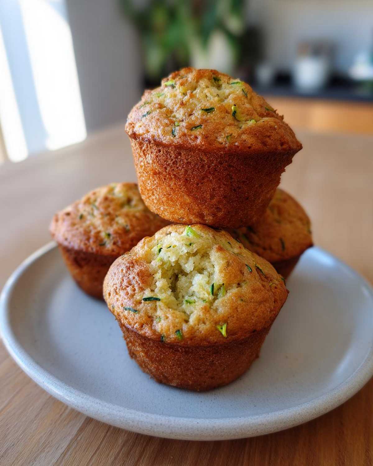 A stack of four golden-brown Ultimate Moist Zucchini Muffins, one broken open showing the moist interior with visible green zucchini shreds.