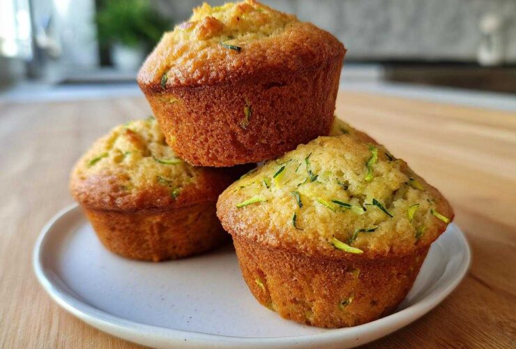 A stack of three golden-brown Ultimate Moist Zucchini Muffins with visible shreds of green zucchini.