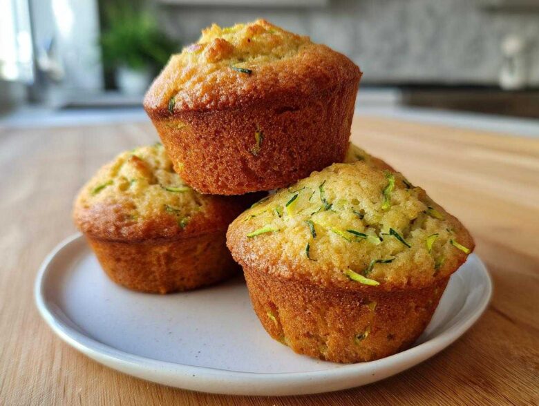 A stack of three golden-brown Ultimate Moist Zucchini Muffins with visible shreds of green zucchini.