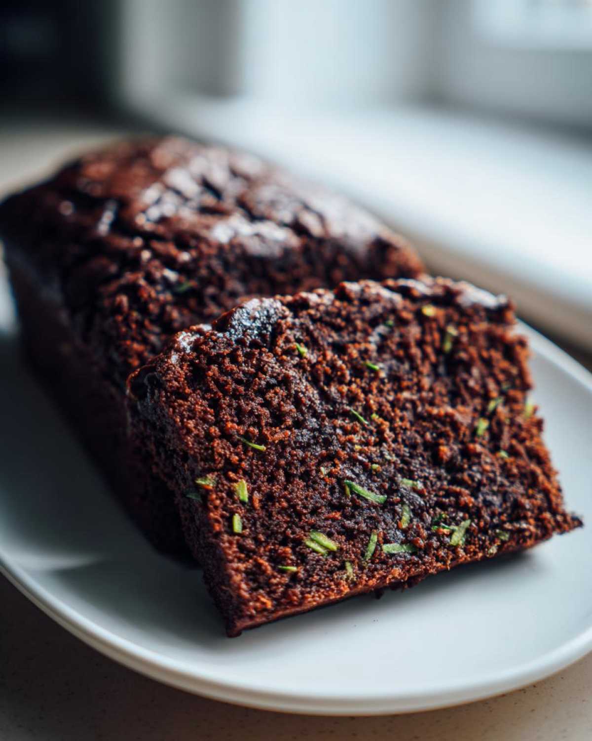 Close-up of a moist slice of dark Vegan Chocolate Zucchini Bread showing shredded green zucchini pieces.