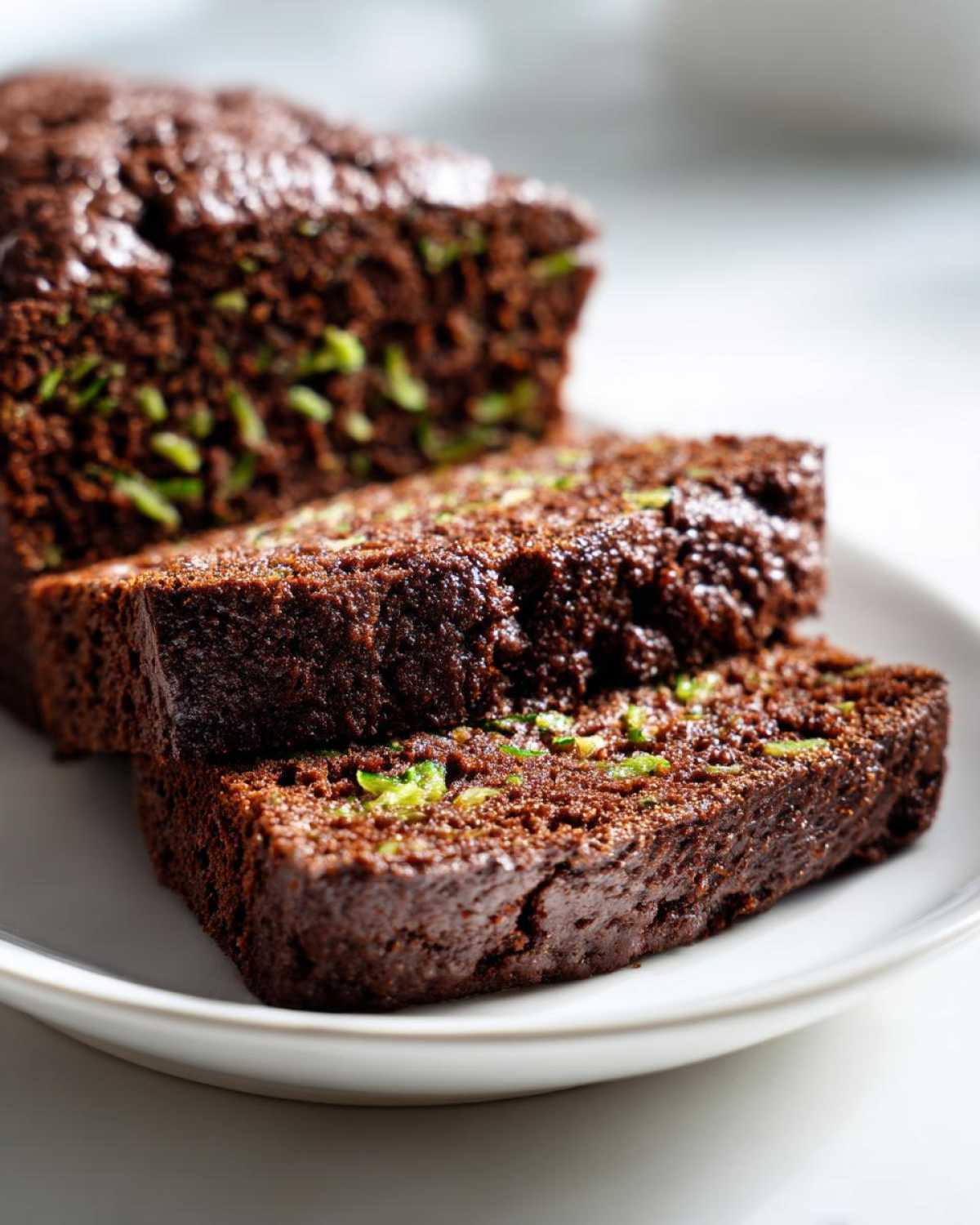 Close-up of moist slices of dark Vegan Chocolate Zucchini Bread showing bright green shreds of zucchini throughout.