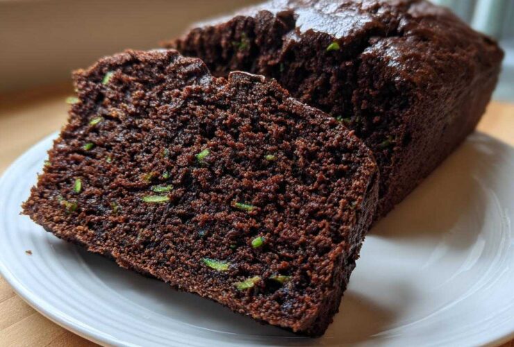 Close-up of a moist, dark chocolate Vegan Chocolate Zucchini Bread loaf with two slices cut, showing flecks of green zucchini.