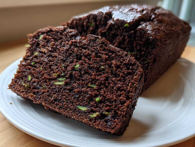 Close-up of a moist, dark chocolate Vegan Chocolate Zucchini Bread loaf with two slices cut, showing flecks of green zucchini.