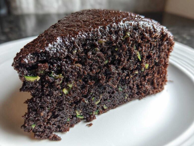 Close-up of a moist slice of Trending Vegan Chocolate Zucchini Cake showing dark chocolate crumb and green zucchini shreds.