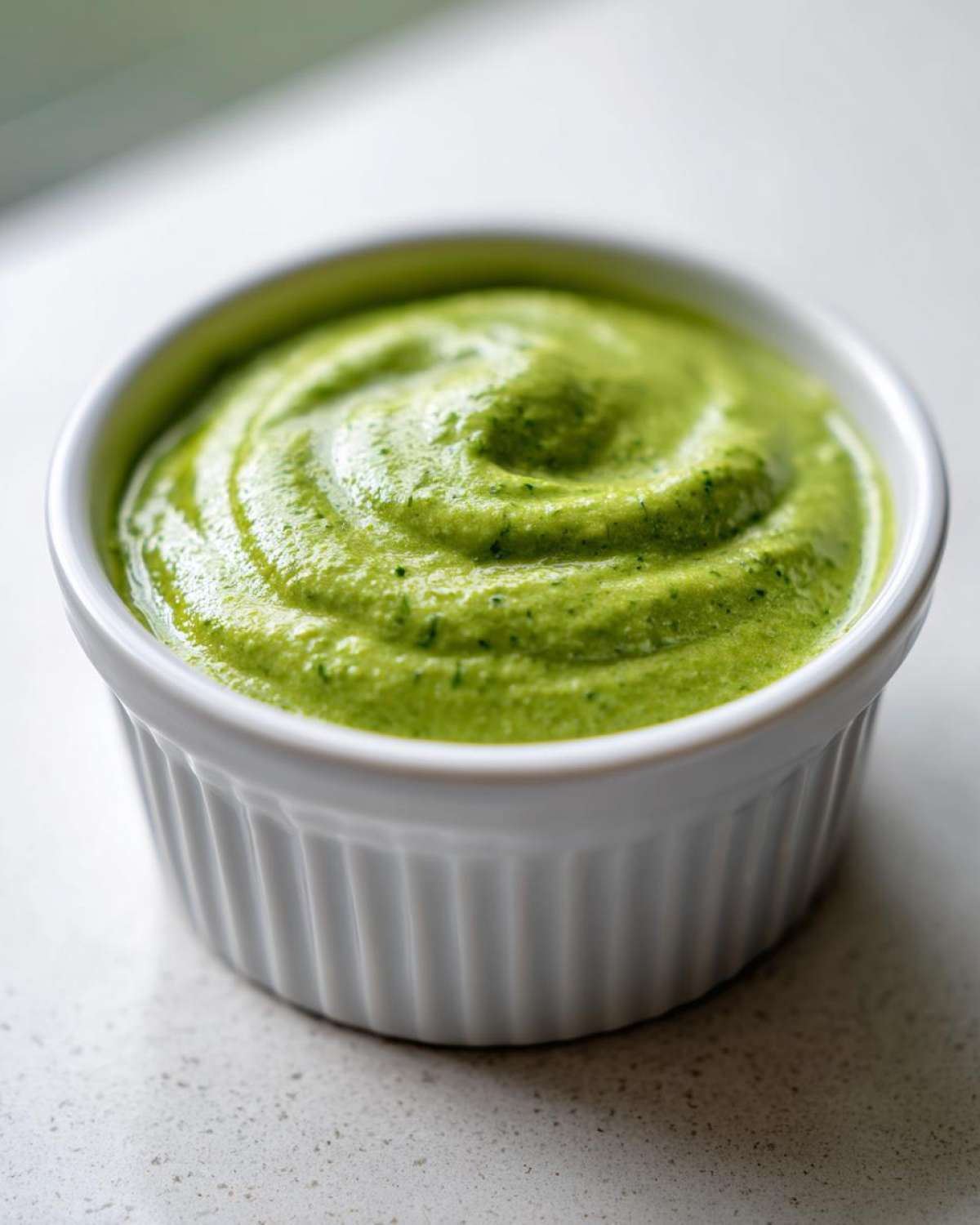 Close-up of a bright green, creamy cilantro lime sauce swirled in a small white fluted ramekin.