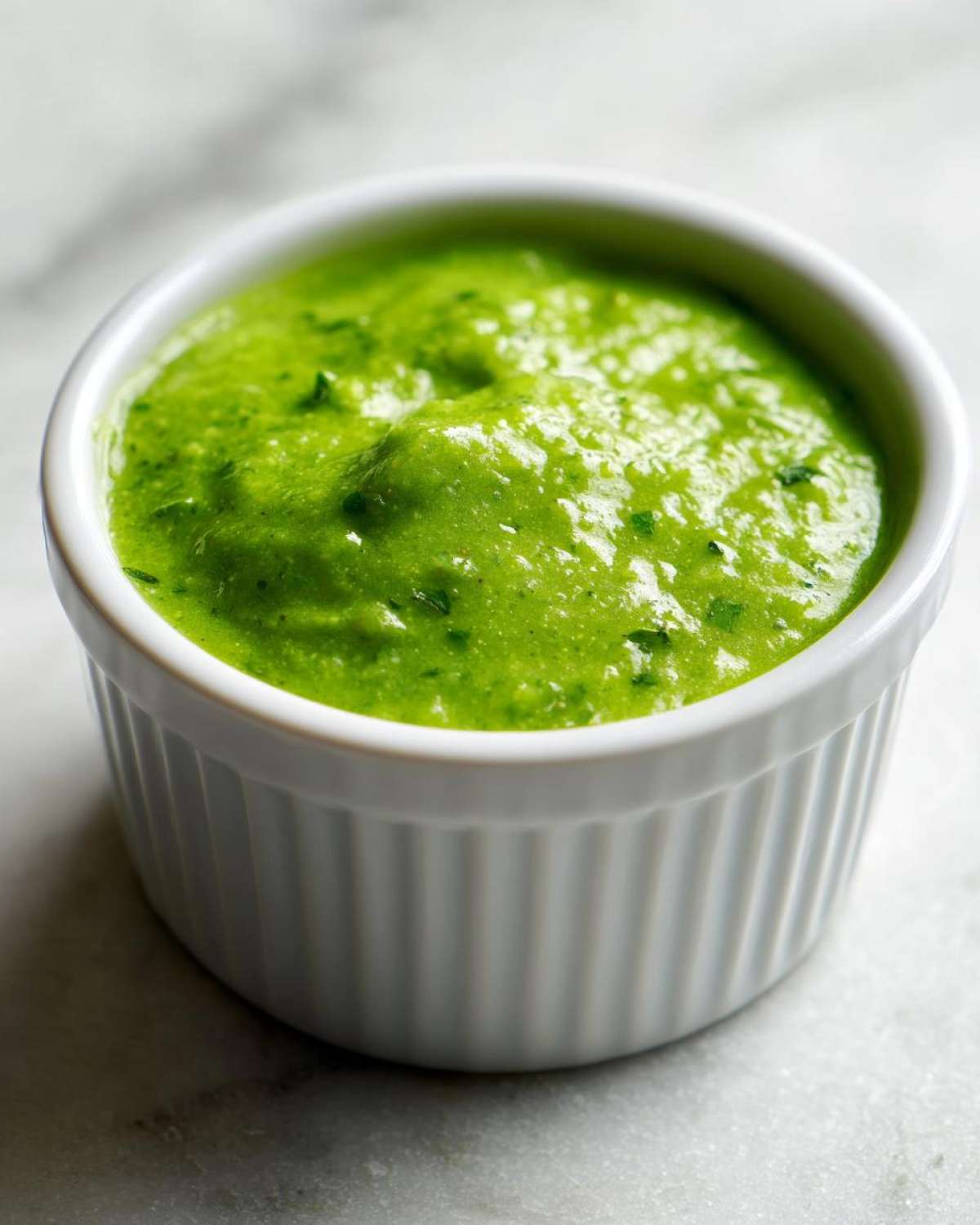 Close-up of bright green cilantro lime sauce served in a small, white, fluted ramekin on a marble surface.