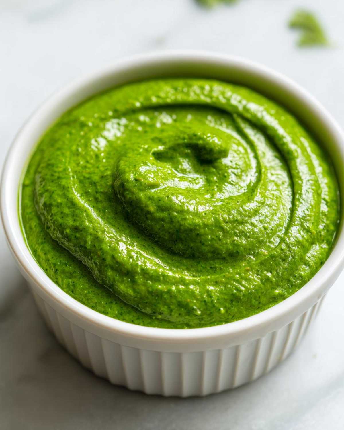 Close-up of thick, bright green cilantro lime sauce swirled beautifully in a small white ramekin.