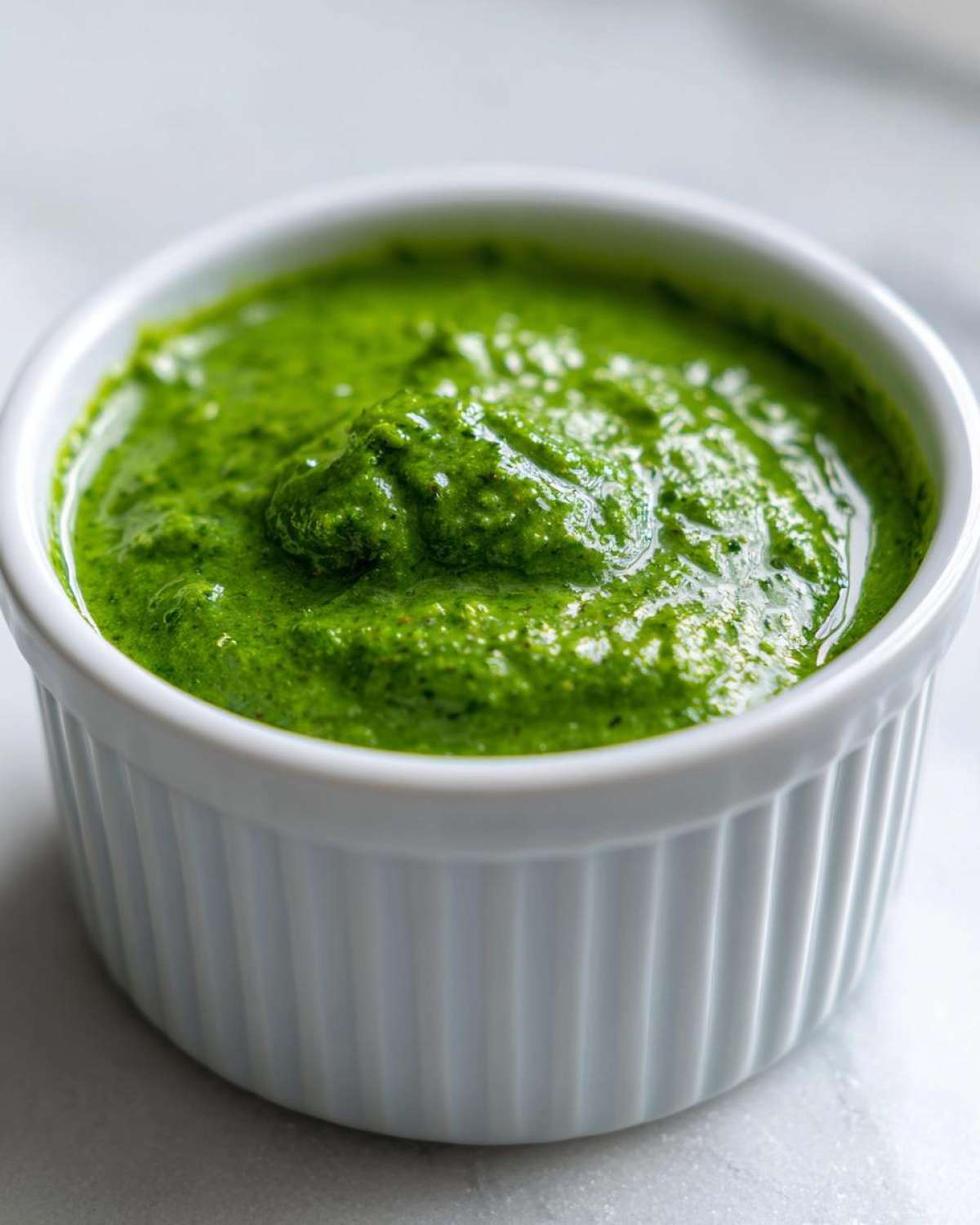 Close-up of thick, bright green cilantro lime sauce served in a small, white, fluted ramekin.