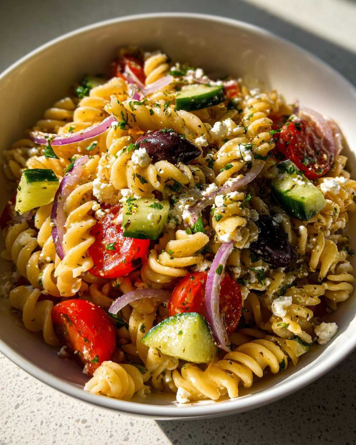 A close-up view of a bowl filled with flavorful greek pasta salad featuring rotini pasta, tomatoes, cucumbers, olives, and feta cheese.