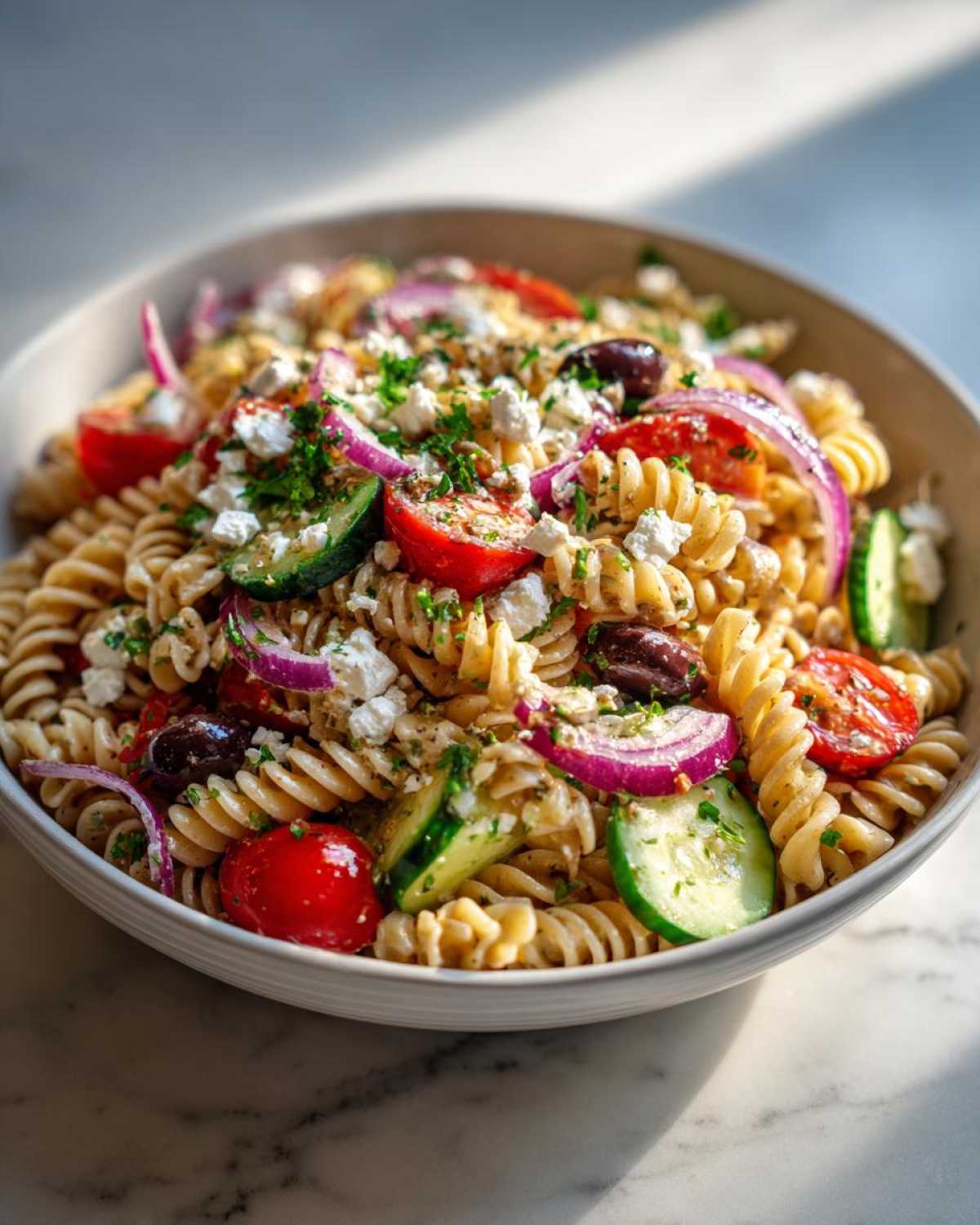 Close-up of a bowl filled with colorful greek pasta salad featuring fusilli pasta, tomatoes, cucumbers, red onion, olives, and feta.