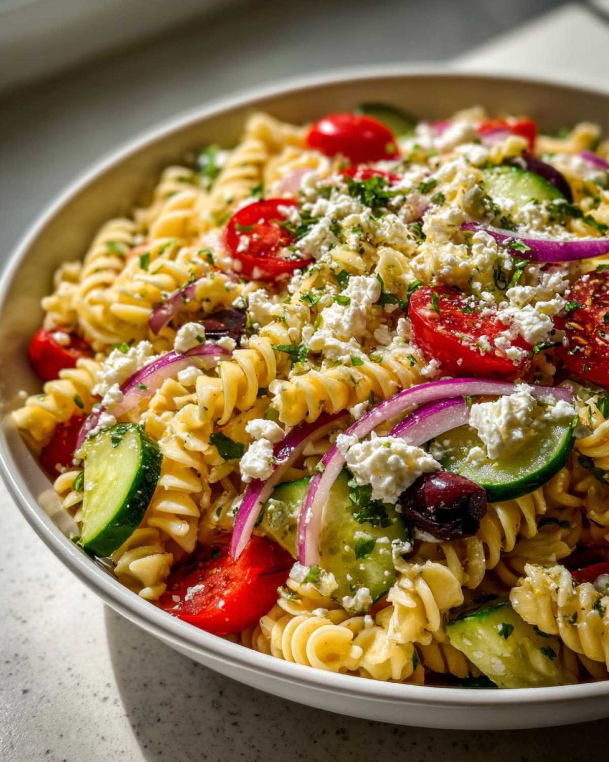 A close-up view of a vibrant greek pasta salad featuring rotini pasta, feta cheese, tomatoes, cucumbers, and red onion.