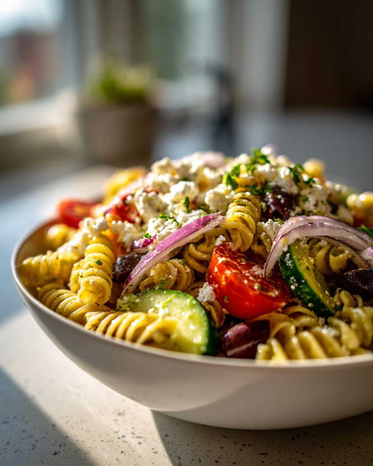 A close-up shot of a vibrant greek pasta salad featuring rotini pasta, feta cheese, red onion, cucumber, and tomatoes in a white bowl.