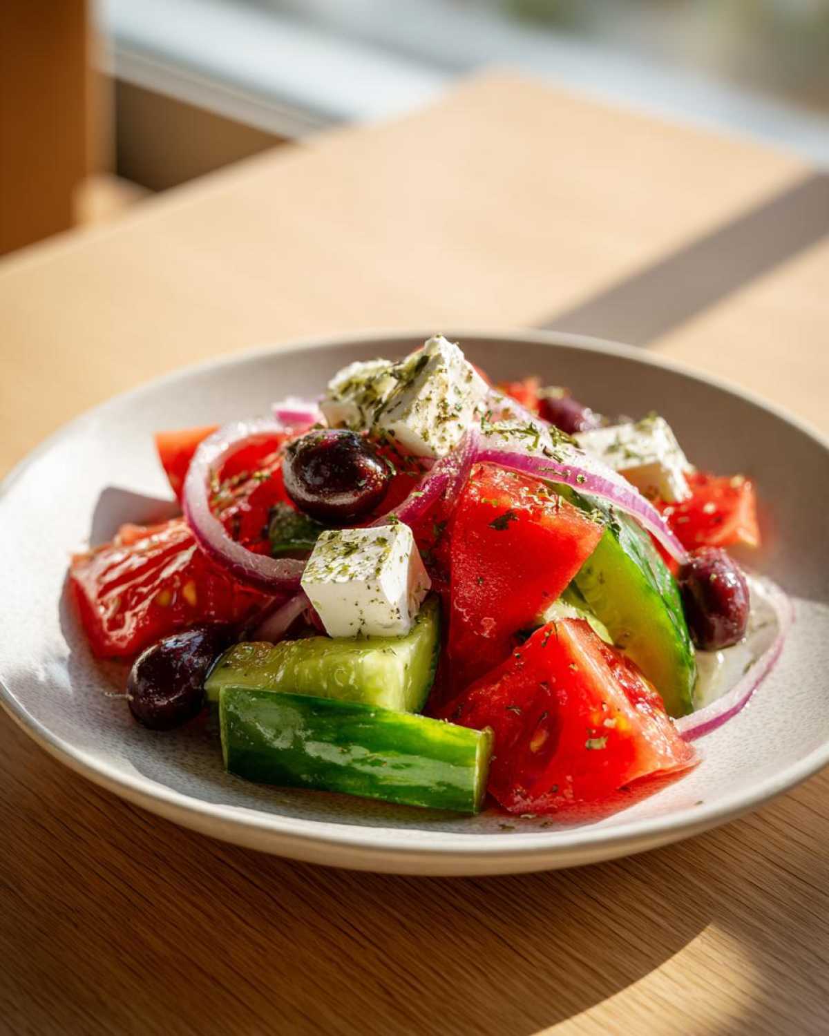 Close-up of a vibrant Greek salad featuring chunky tomatoes, cucumbers, feta cheese, olives, and red onion.