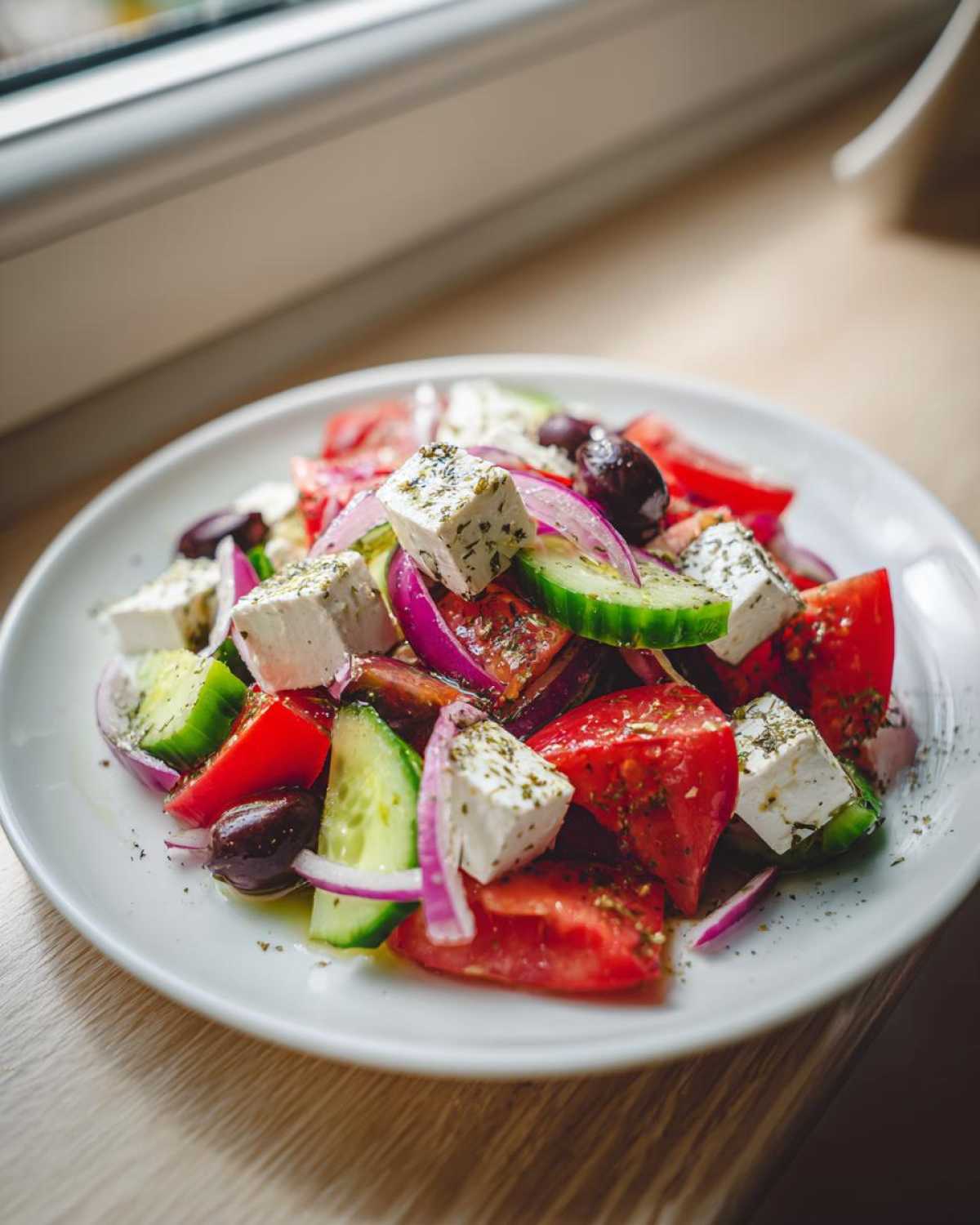 A close-up of a vibrant Greek salad featuring large chunks of tomato, cucumber, red onion, Kalamata olives, and feta cheese sprinkled with herbs.