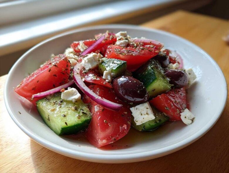 Close-up of a fresh Greek salad featuring chunks of tomato, cucumber, red onion, feta cheese, and Kalamata olives, seasoned with herbs.