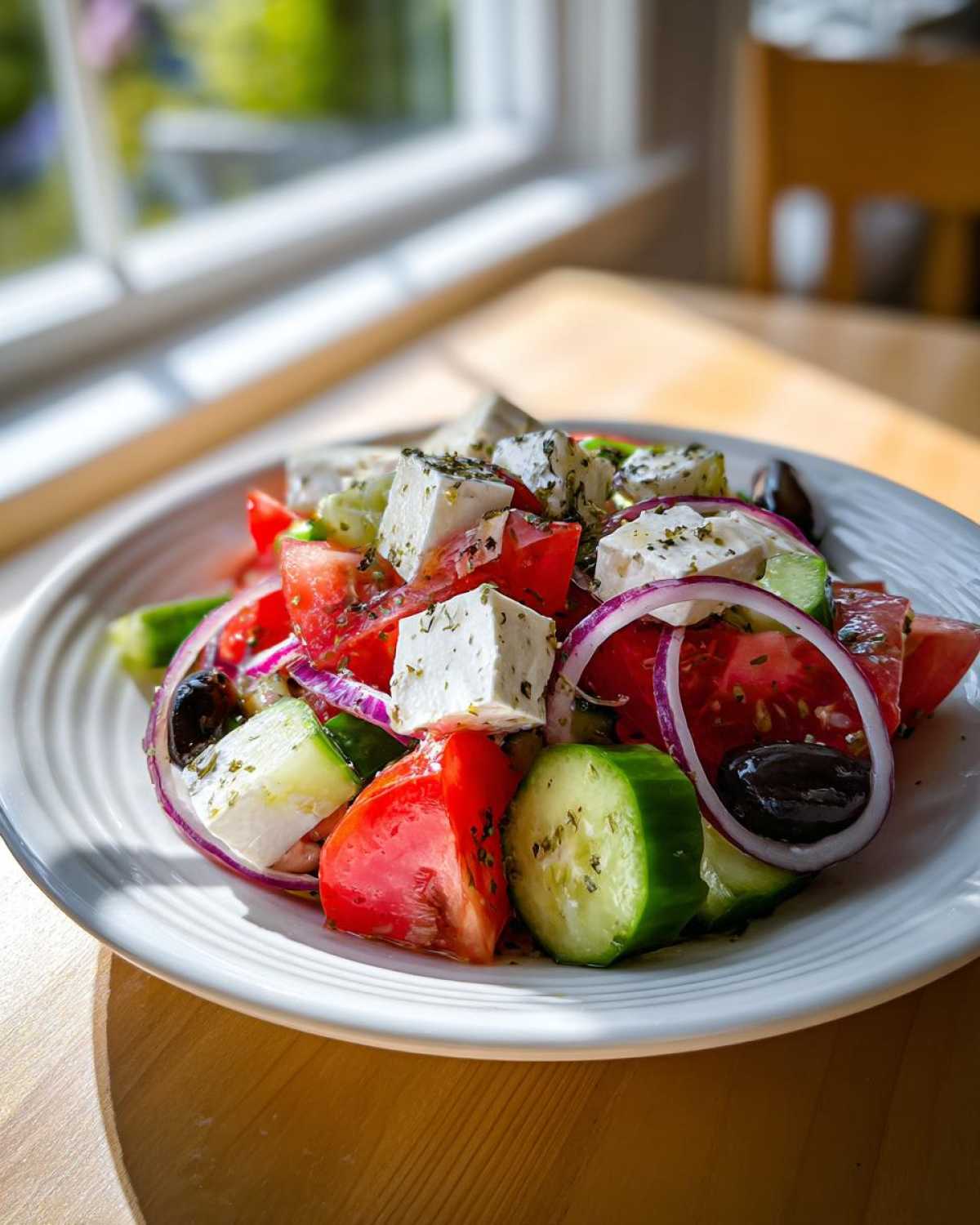 A close-up of a fresh Greek salad featuring large chunks of feta, tomatoes, cucumbers, red onion, and olives, seasoned with herbs.