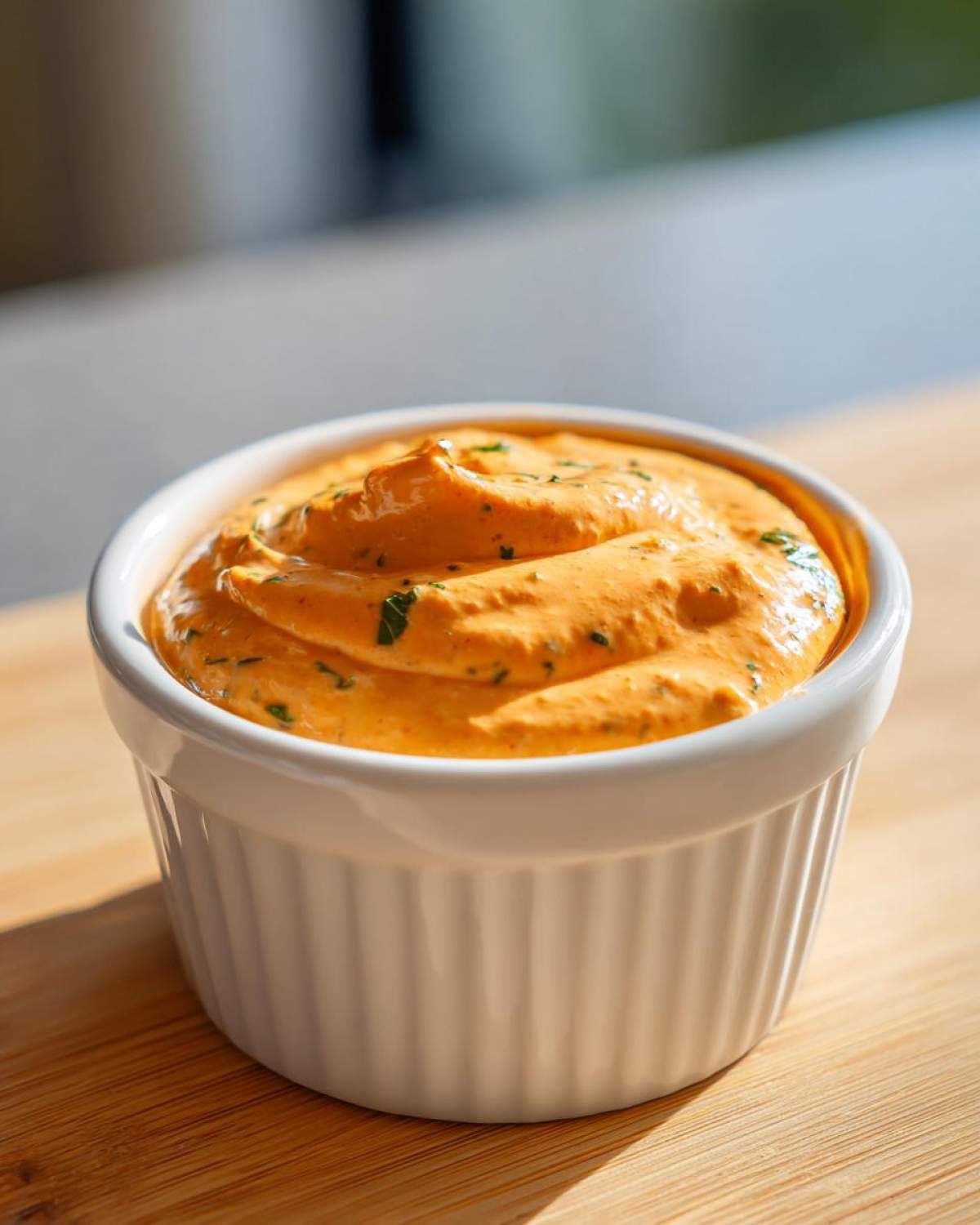 Close-up of a bright orange remoulade sauce, garnished with green herbs, served in a small white fluted ramekin.