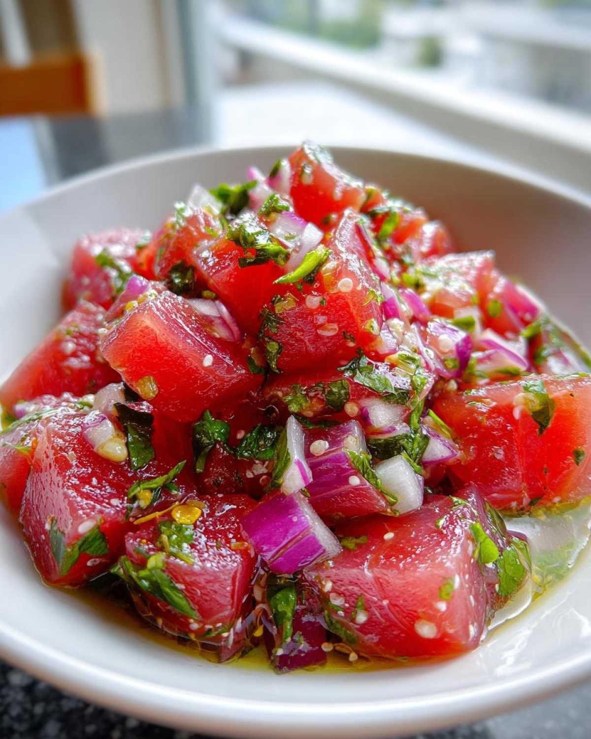 Close-up of bright red, cubed tuna ceviche mixed with red onion and cilantro in a white bowl.